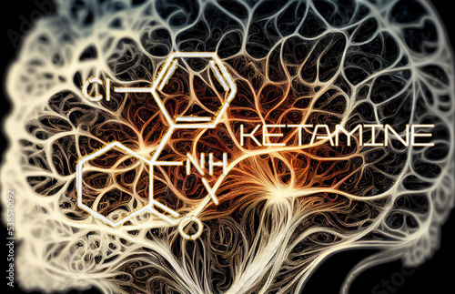 Ketamine. Dissociative ketamine. Chemical formula, molecular structure. Ilustration background for your desigen. Disoviative drugs. Ketamin banner.