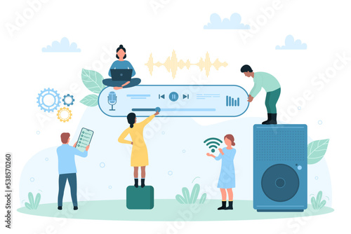 Audio player mobile app vector illustration. Cartoon tiny people listen music, audiobook, guide or voice podcast, characters using modern MP3 player in smartphone for learning and listening song