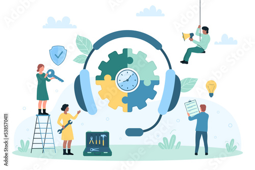 Maintenance and technical support service for customers vector illustration. Cartoon tiny people with key and tools work near big headphones with gear puzzle and clock inside, workers repair system
