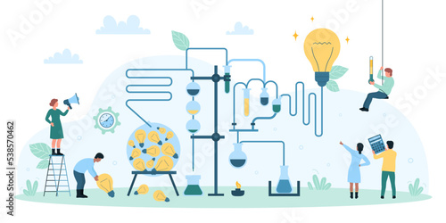 Startup business teamwork, solution development through science and knowledge vector illustration. Cartoon tiny people work with scientific equipment, develop innovations, new projects and ideas