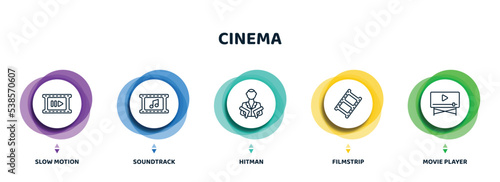 editable thin line icons with infographic template. infographic for cinema concept. included slow motion, soundtrack, hitman, filmstrip, movie player icons.