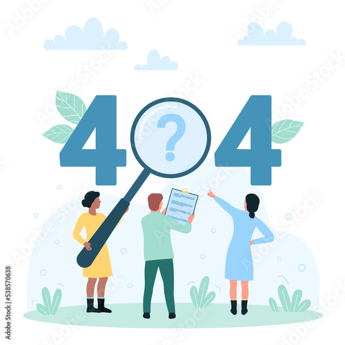 404 error, disconnected status vector illustration. Cartoon tiny people of technical support team looking through magnifying glass at 404 lettering with question mark to search network failure photo