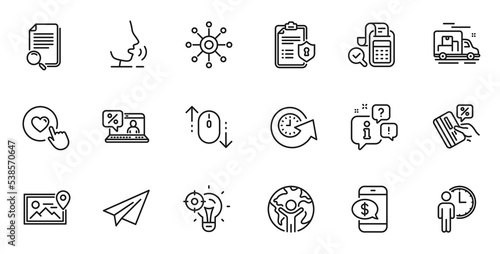 Outline set of Paper plane, Search file and Bill accounting line icons for web application. Talk, information, delivery truck outline icon. Vector