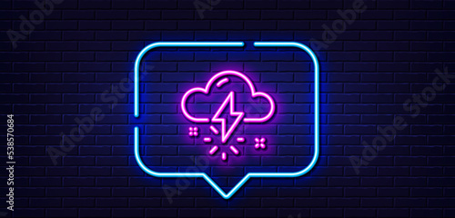 Neon light speech bubble. Thunderstorm weather line icon. Thunderbolt with cloud sign. Bad day symbol. Neon light background. Thunderstorm weather glow line. Brick wall banner. Vector