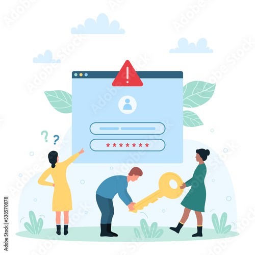 Security of login and password for user account vector illustration. Cartoon tiny people holding key for authorization, verification and access, phishing and scam data protection for mobile app