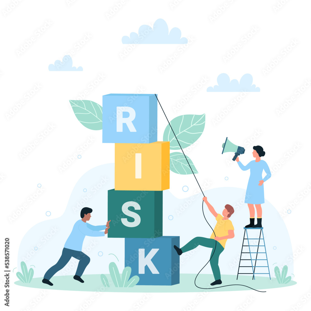 Risk management, success challenge vector illustration. Cartoon tiny people push cubes with word risk, teamwork of managers warning about dangers of risky situations and failure with megaphone