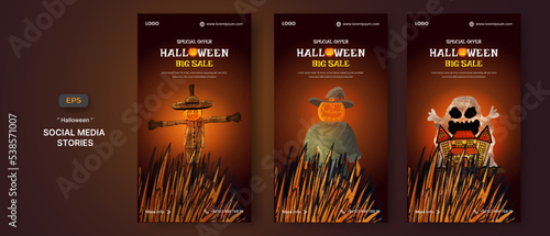 Halloween haunted house, scarecrow and witch social media stories