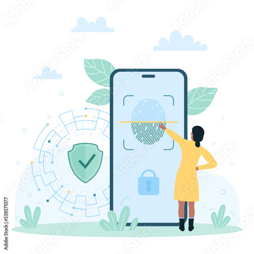 Biometric authentication, scanning fingerprint in mobile app vector illustration. Cartoon tiny woman touching screen of phone with finger to scan and login to application, security technology