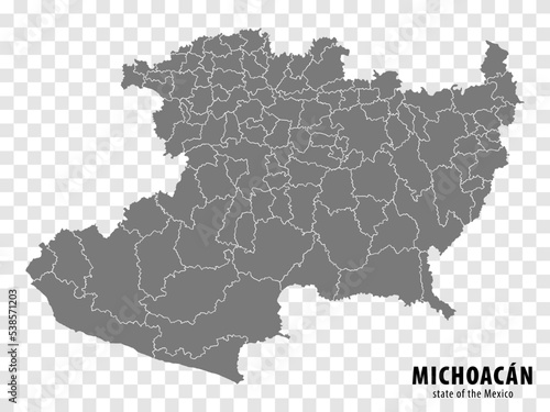 State Michoacan of Mexico map on transparent background. Blank map of  Michoacan  with  regions in gray for your web site design, logo, app, UI. Mexico. EPS10.