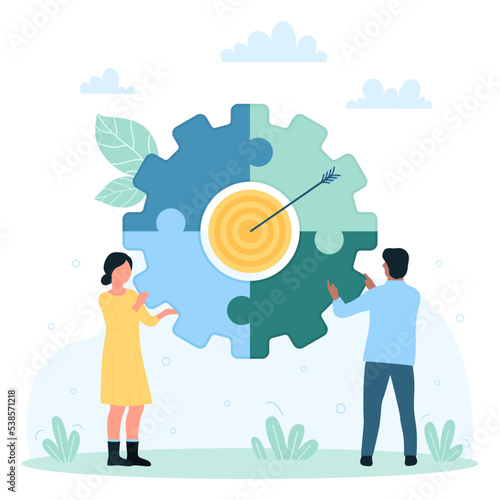 Teamwork for success goals vector illustration. Cartoon tiny people work together and connect big puzzle jigsaw target, man and woman employees building complete partnership and collaboration