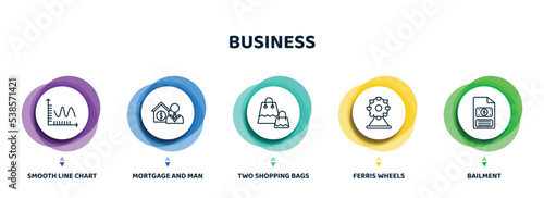editable thin line icons with infographic template. infographic for business concept. included smooth line chart, mortgage and man, two shopping bags, ferris wheels, bailment icons.