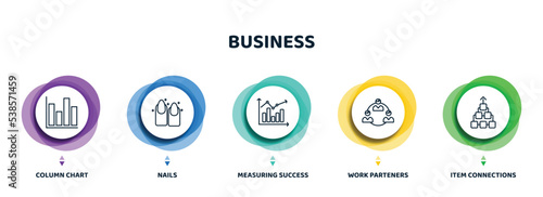 editable thin line icons with infographic template. infographic for business concept. included column chart, nails, measuring success, work parteners, item connections icons.