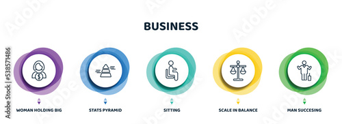 editable thin line icons with infographic template. infographic for business concept. included woman holding big coin, stats pyramid, sitting, scale in balance, man succesing icons.