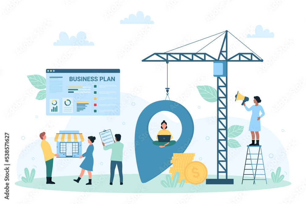 Business projects, plans and development vector illustration. Cartoon tiny people build success strategy with construction crane, work with graphs and charts in creative digital presentation