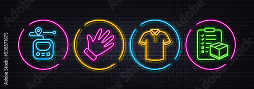 Metro, Hand and T-shirt minimal line icons. Neon laser 3d lights. Parcel checklist icons. For web, application, printing. Transit journey, Waving palm, Short sleeves shirt. Logistics check. Vector
