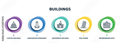 editable thin line icons with infographic template. infographic for buildings concept. included capitol building, washington monument, goverment building, pisa tower, brandenburg gate icons.
