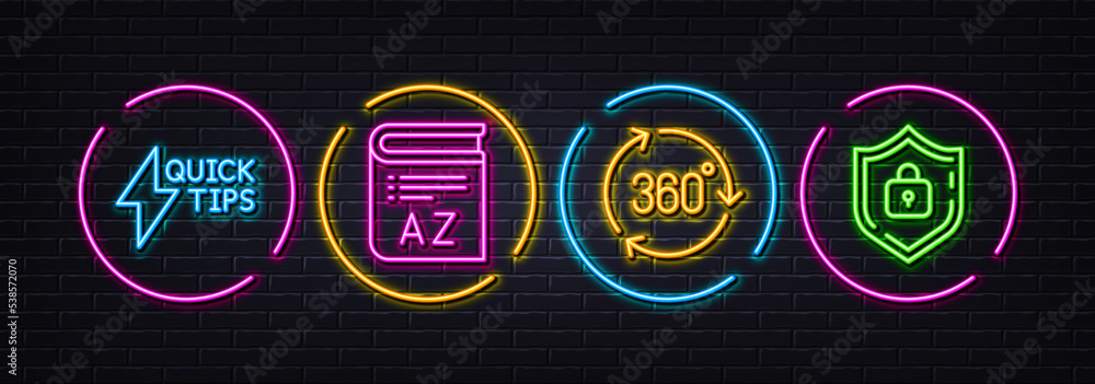 360 degree, Vocabulary and Quickstart guide minimal line icons. Neon laser 3d lights. Shield icons. For web, application, printing. Virtual reality, Book, Lightning symbol. Password protect. Vector