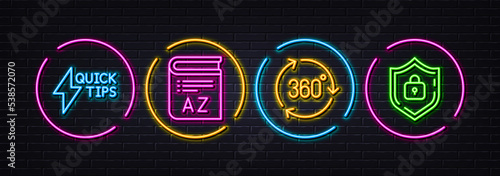360 degree, Vocabulary and Quickstart guide minimal line icons. Neon laser 3d lights. Shield icons. For web, application, printing. Virtual reality, Book, Lightning symbol. Password protect. Vector