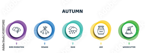 editable thin line icons with infographic template. infographic for autumn concept. included bird migration, rowan, rain, jam, woodcutter icons.