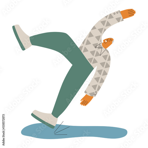 Old man falls on slippery wet floor.