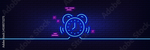Neon light glow effect. Time management line icon. Alarm clock sign. Watch symbol. 3d line neon glow icon. Brick wall banner. Time management outline. Vector