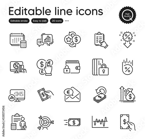 Set of Finance outline icons. Contains icons as Online shopping, Checklist and Lock elements. Stock analysis, Euro money, Graph chart web signs. Report statistics, Receive money. Vector