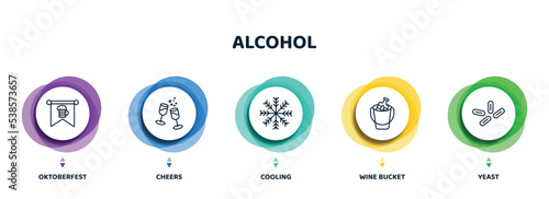 editable thin line icons with infographic template. infographic for alcohol concept. included oktoberfest, cheers, cooling, wine bucket, yeast icons.