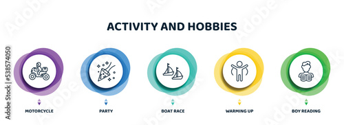 editable thin line icons with infographic template. infographic for activity and hobbies concept. included motorcycle, party, boat race, warming up, boy reading icons.