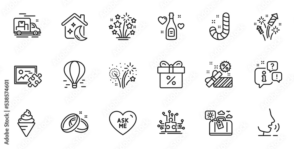 Outline set of Discount offer, Travel luggage and Puzzle image line icons for web application. Talk, information, delivery truck outline icon. Include Fireworks, Sleep, Love champagne icons. Vector