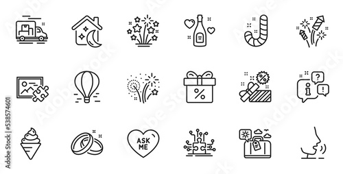 Outline set of Discount offer, Travel luggage and Puzzle image line icons for web application. Talk, information, delivery truck outline icon. Include Fireworks, Sleep, Love champagne icons. Vector