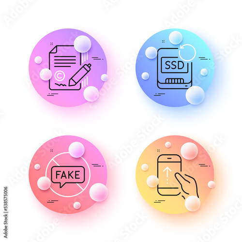 Copywriting, Fake news and Recovery ssd minimal line icons. 3d spheres or balls buttons. Swipe up icons. For web, application, printing. Ð¡opyright signature, Stop lying, Backup info. Vector