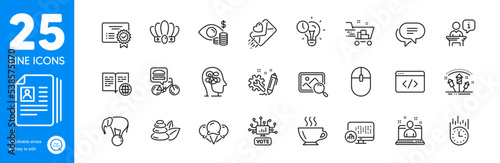 Outline icons set. Ice creams, Online voting and Business vision icons. Stress, Text message, Food delivery web elements. Time management, Report statistics, Love letter signs. Coffee. Vector
