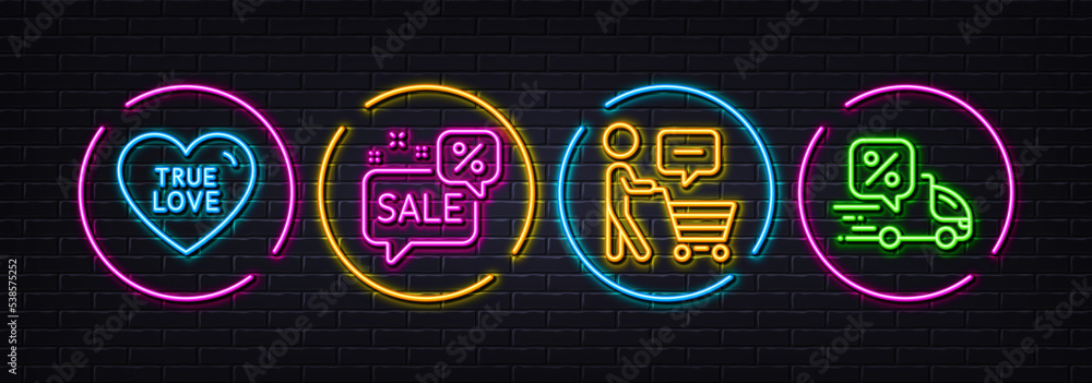 Discounts bubble, True love and Buyer think minimal line icons. Neon laser 3d lights. Delivery discount icons. For web, application, printing. Sale message, Sweet heart, Shopping cart. Courier. Vector