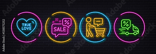 Discounts bubble, True love and Buyer think minimal line icons. Neon laser 3d lights. Delivery discount icons. For web, application, printing. Sale message, Sweet heart, Shopping cart. Courier. Vector