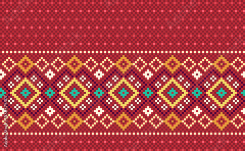 Geometric ethnic pattern, Vector embroidery knitting background, Pixel illustration pattern style, Red and yellow pattern surface, Design for textile, fabric, curtain, print, aprons
