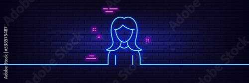 Neon light glow effect. User line icon. Female Profile sign. Woman Person silhouette symbol. 3d line neon glow icon. Brick wall banner. Woman outline. Vector