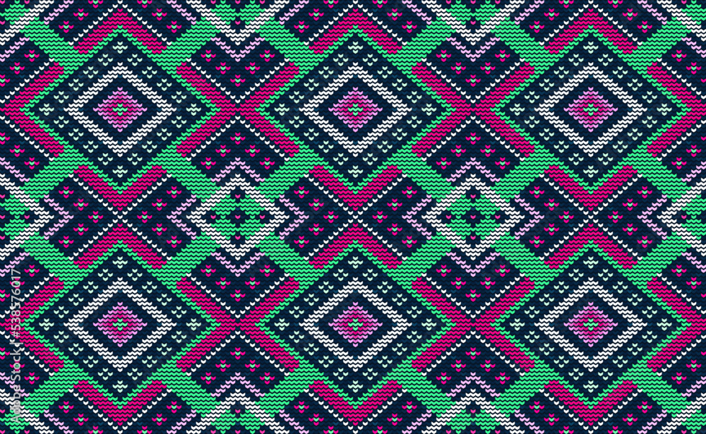 Knitted ethnic pattern, Vector cross stitch Boho background, Embroidery diagonal ethnic style, Pink and green pattern jacquard classic, Design for textile, fabric, cloth, wallpaper, sweater