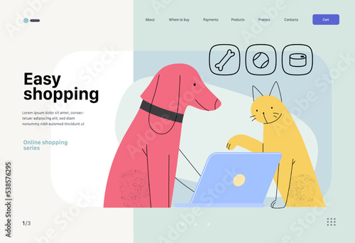 Easy shopping -Online shopping and electronic commerce web template -modern flat vector concept illustration of pets doing order online on laptop. Promotion, discounts, sale and online orders concept
