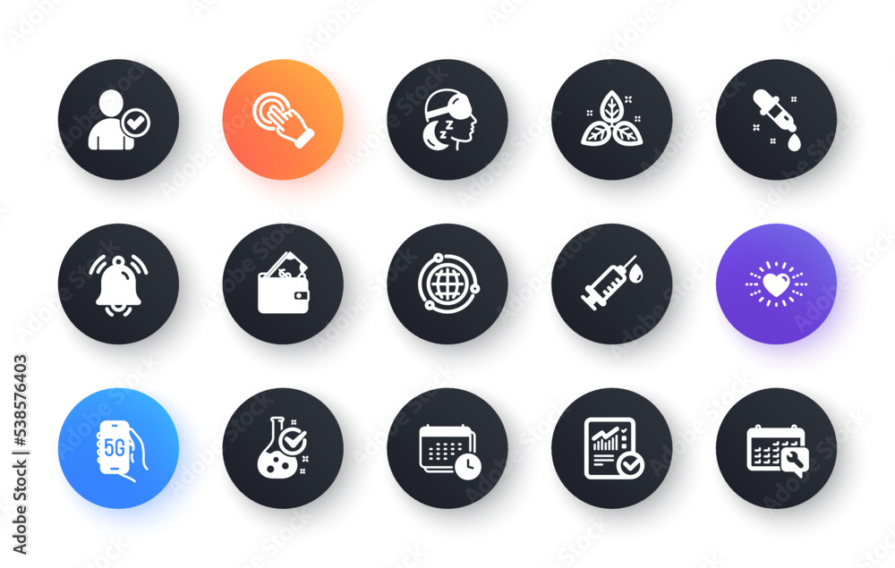 Minimal set of Chemistry lab, Touchscreen gesture and Checked calculation flat icons for web development. Wallet, Identity confirmed, Notification bell icons. Globe, Insomnia. Vector Minimal set of Chemistry lab, Touchscreen gesture and Checked calculation flat icons for web development. Wallet, Identity confirmed, Notification bell icons. Globe, Insomnia. Vector
