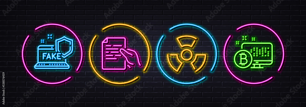 Chemical hazard, Fake internet and Hold document minimal line icons. Neon laser 3d lights. Bitcoin system icons. For web, application, printing. Toxic, Wrong information, Page file. Vector