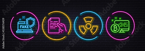 Chemical hazard, Fake internet and Hold document minimal line icons. Neon laser 3d lights. Bitcoin system icons. For web, application, printing. Toxic, Wrong information, Page file. Vector