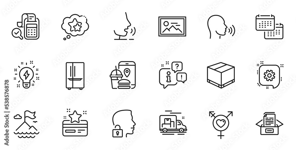 Outline set of Food app, Cogwheel and Mountain flag line icons for web application. Talk, information, delivery truck outline icon. Include Human sing, Inspiration, Documents box icons. Vector