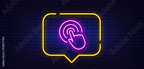 Neon light speech bubble. Hand Click line icon. Finger touch sign. Cursor pointer symbol. Neon light background. Click glow line. Brick wall banner. Vector