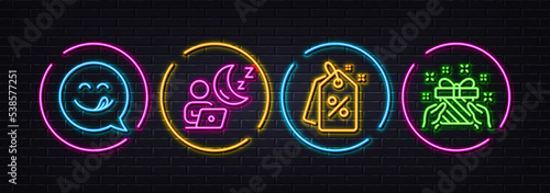 Discount tags, Shift and Yummy smile minimal line icons. Neon laser 3d lights. Gift icons. For web, application, printing. Sale, Night office, Emoticon. Present. Neon lights buttons. Vector