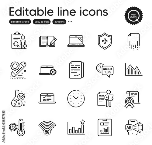 Set of Science outline icons. Contains icons as Job interview, Investment graph and Chemistry lab elements. Laptop, Feedback, Recovery file web signs. Report document, 5g wifi. Vector