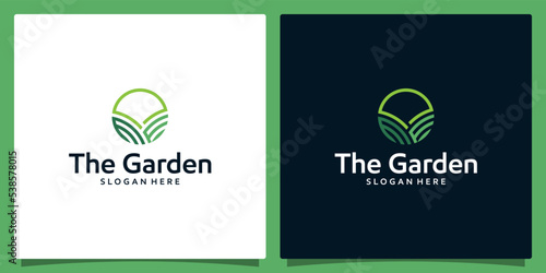 Farmland logo design template with abstract lines, green field symbol. Farm food badge logo graphic design vector illustration. Symbol, icon, creative