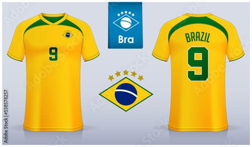 Set of soccer jersey or football kit template design for Brazil national football team. Front and back view soccer uniform. Yellow Football t shirt mock up with flat logo. 