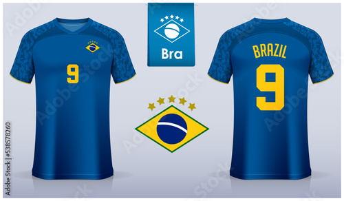 Set of soccer jersey or football kit template design for Brazil national football team. Front and back view soccer uniform. Yellow Football t shirt mock up with flat logo. 