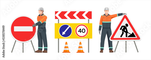 A road worker stands at a Road Works and Stop sign. Road signs. Travel ban. Road repair. Vector illustration