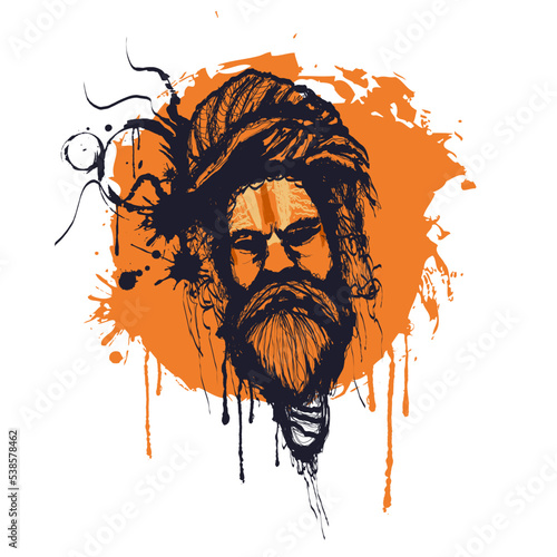 Outline indian saint baba, sadhu. Graffiti style. Marker tag with smudges squiezer effect. Modern vector illustration isolated on the white background.